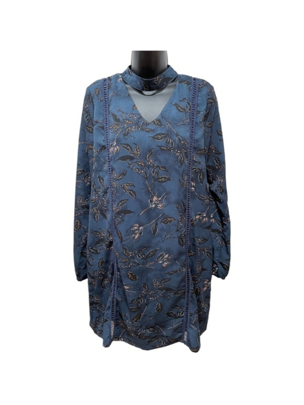 Paper Crane Navy Floral Print Choker Shift Style Dress Long Sleeve Zip Back Med